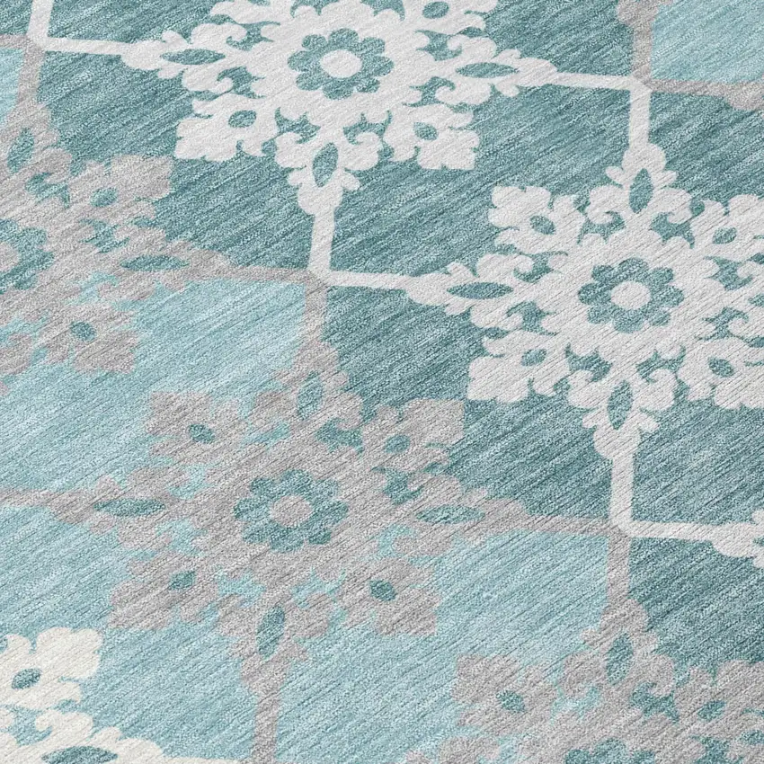 Aqua And Teal Blue Floral Medallion Washable Indoor Outdoor Area Rug Photo 4
