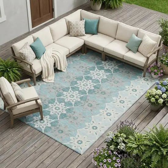 Aqua And Teal Blue Floral Medallion Washable Indoor Outdoor Area Rug Photo 1