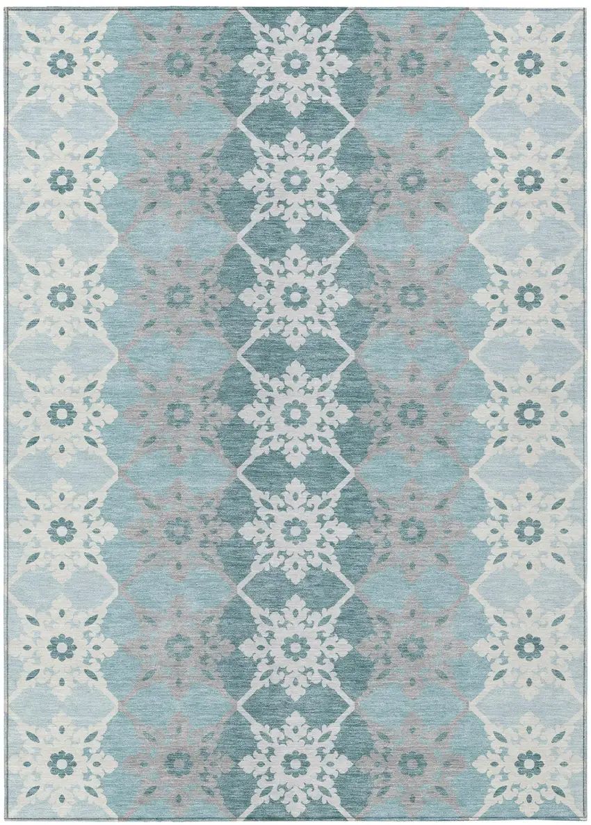 Aqua And Teal Blue Floral Medallion Washable Indoor Outdoor Area Rug Photo 2