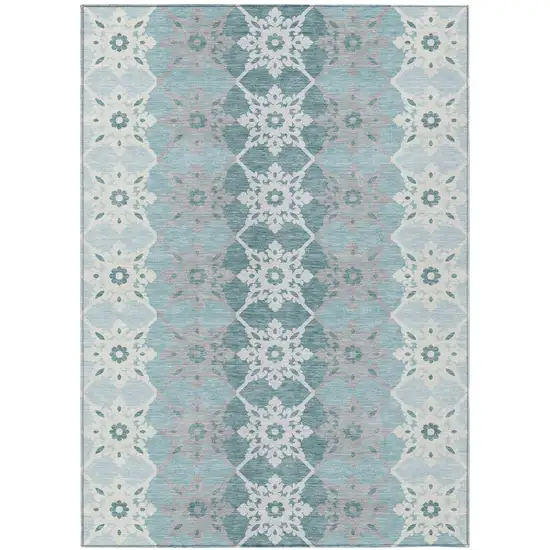 Aqua And Teal Blue Floral Medallion Washable Indoor Outdoor Area Rug Photo 2