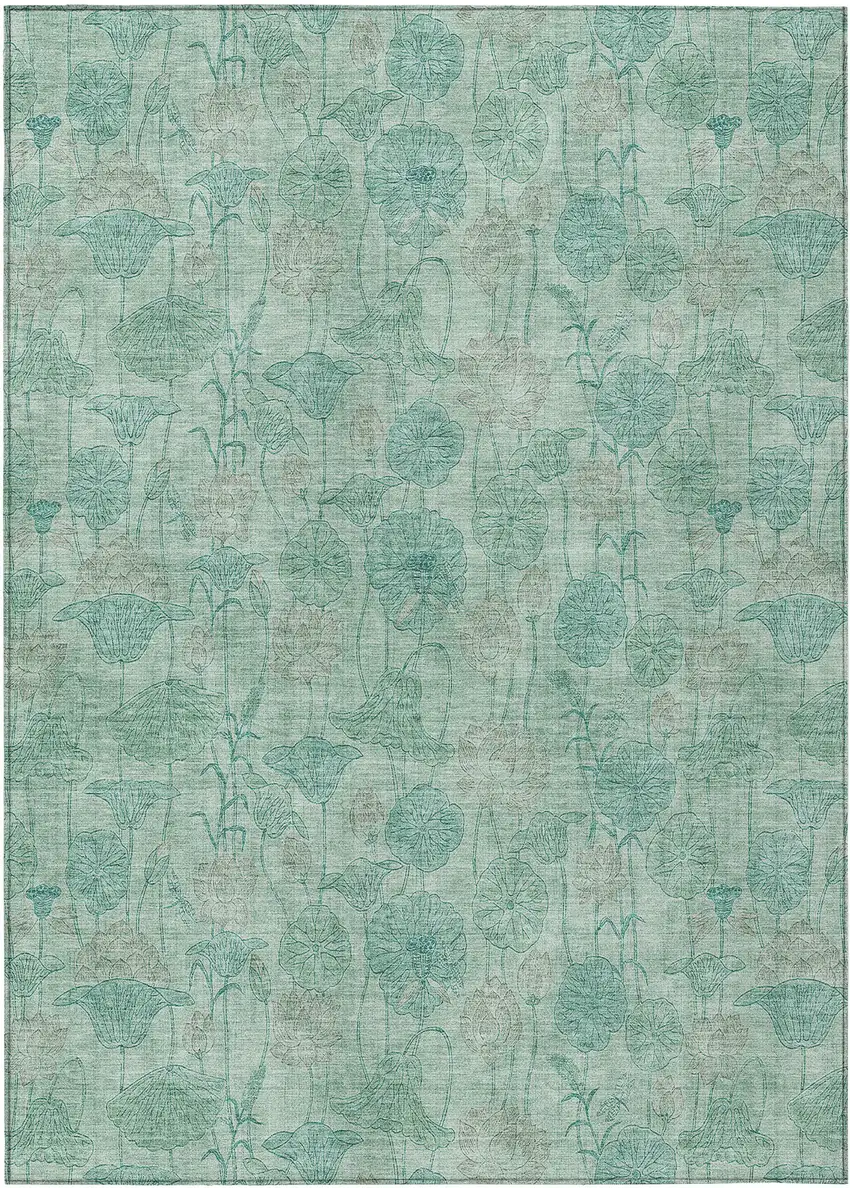 Aqua And Teal Blue Floral Washable Indoor Outdoor Area Rug Photo 1