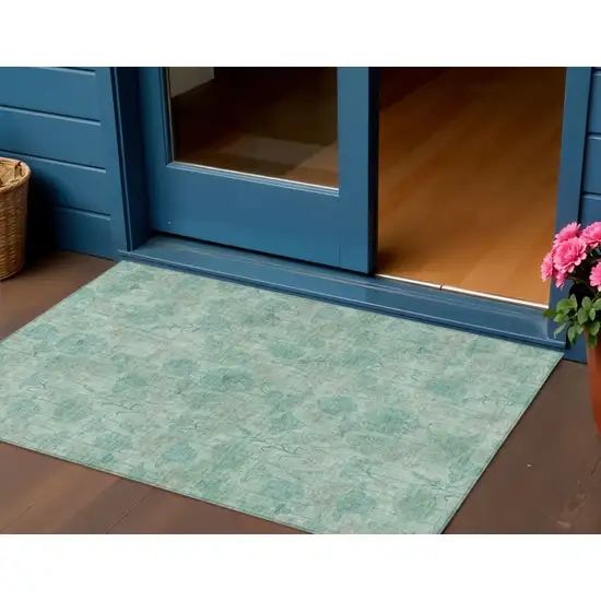 Aqua And Teal Blue Floral Washable Indoor Outdoor Area Rug Photo 2