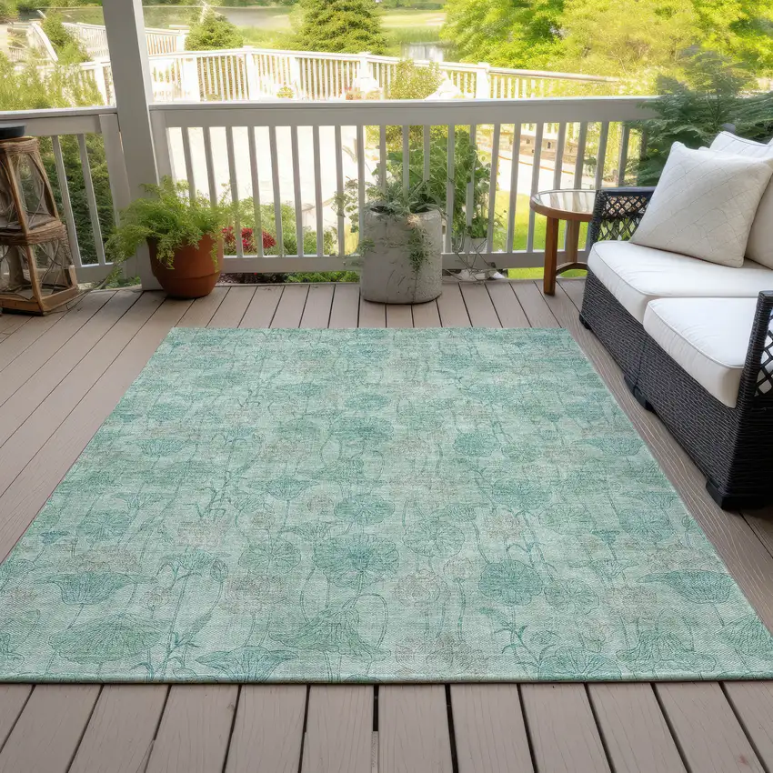 Aqua And Teal Blue Floral Washable Indoor Outdoor Area Rug Photo 8
