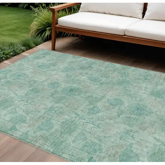 Aqua And Teal Blue Floral Washable Indoor Outdoor Area Rug Photo 2