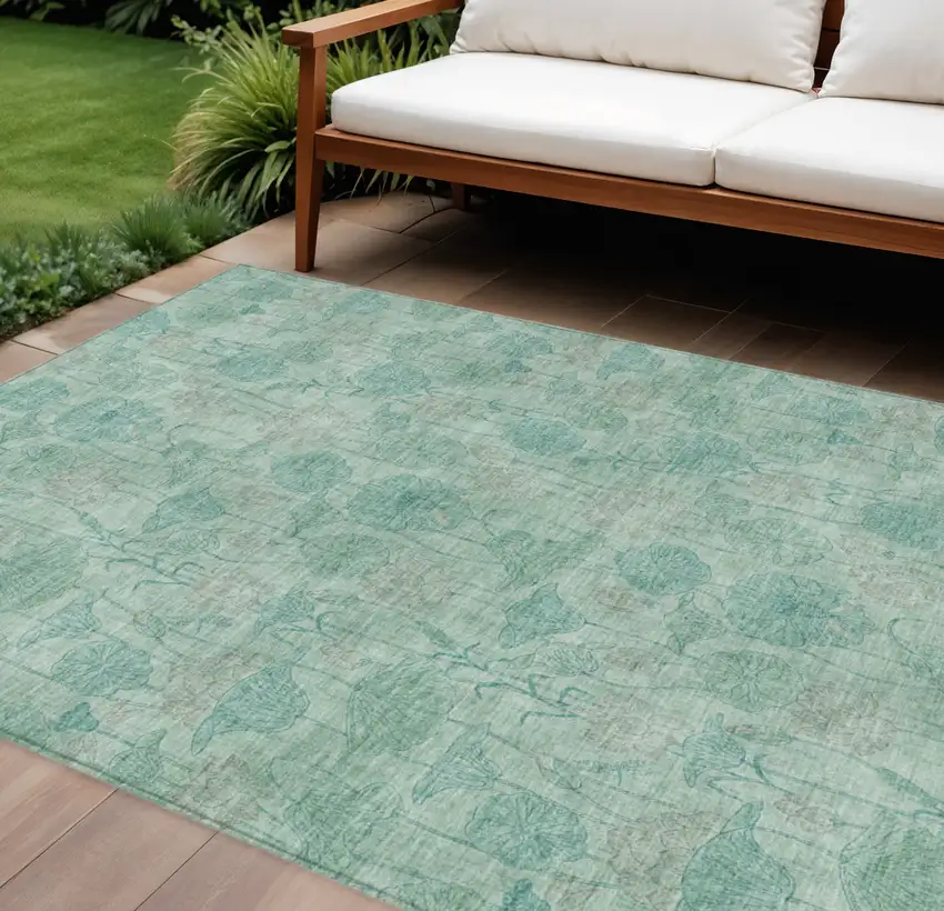 Aqua And Teal Blue Floral Washable Indoor Outdoor Area Rug Photo 2