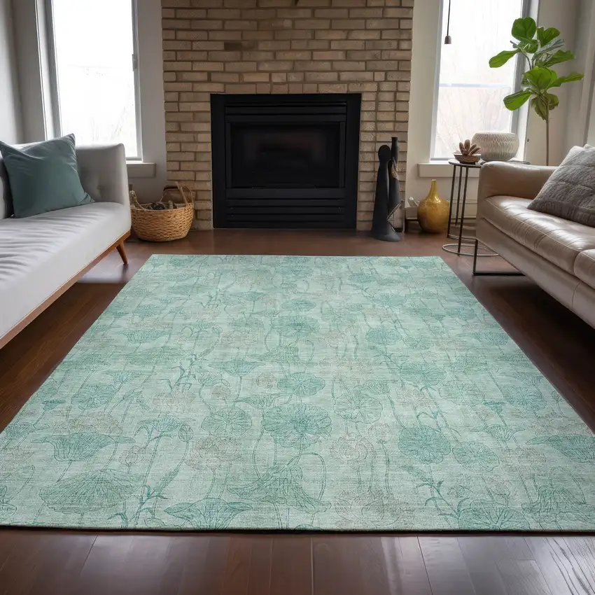 Aqua And Teal Blue Floral Washable Indoor Outdoor Area Rug Photo 6
