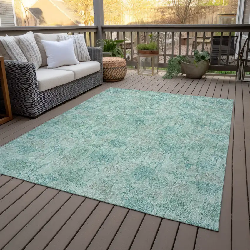 Aqua And Teal Blue Floral Washable Indoor Outdoor Area Rug Photo 7