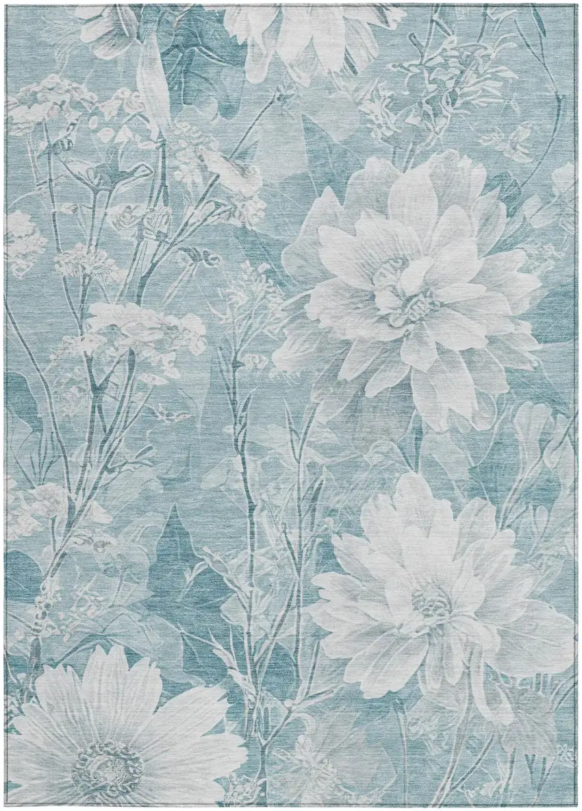Aqua And Teal Blue Floral Washable Indoor Outdoor Area Rug Photo 1