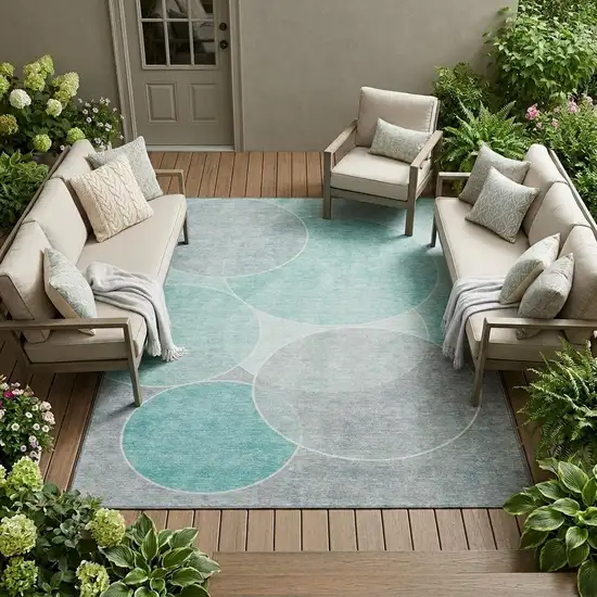 Aqua And Teal Blue Geometric Washable Indoor Outdoor Area Rug Photo 1