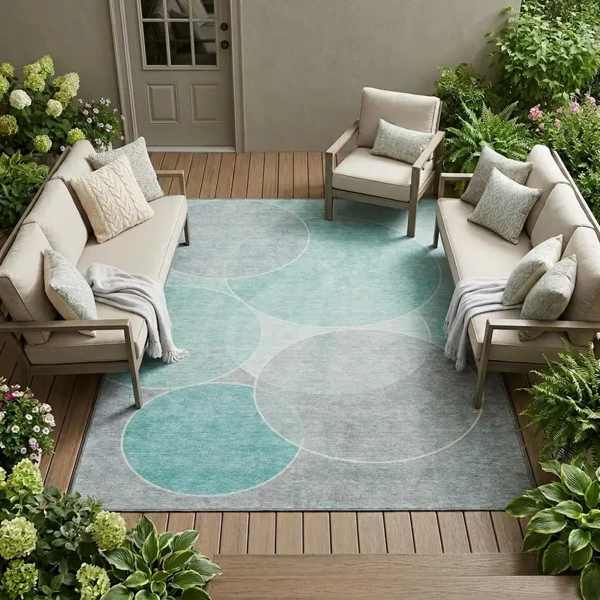Aqua And Teal Blue Geometric Washable Indoor Outdoor Area Rug Photo 1