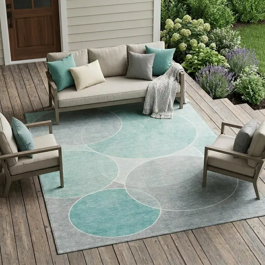 Aqua And Teal Blue Geometric Washable Indoor Outdoor Area Rug Photo 1