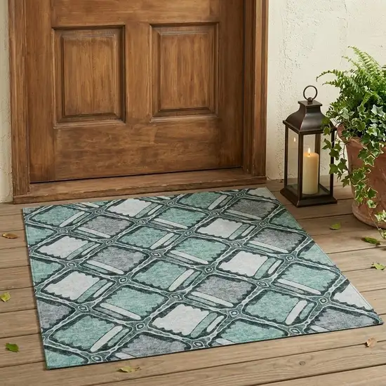 Aqua And Teal Blue Geometric Washable Indoor Outdoor Area Rug Photo 1