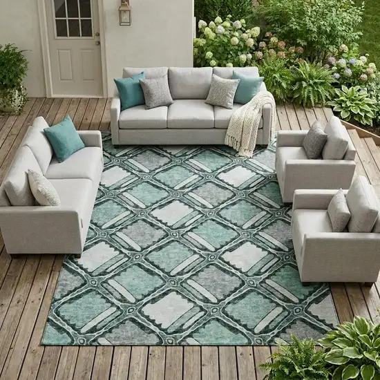 Aqua And Teal Blue Geometric Washable Indoor Outdoor Area Rug Photo 1