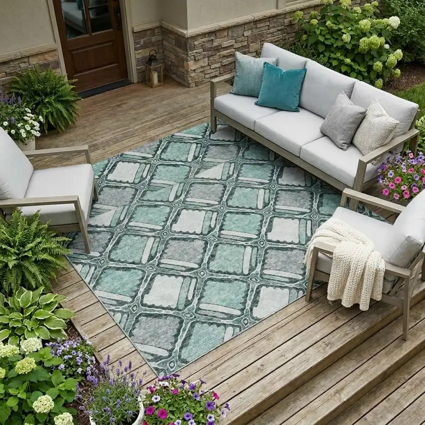 Aqua And Teal Blue Geometric Washable Indoor Outdoor Area Rug Photo 1
