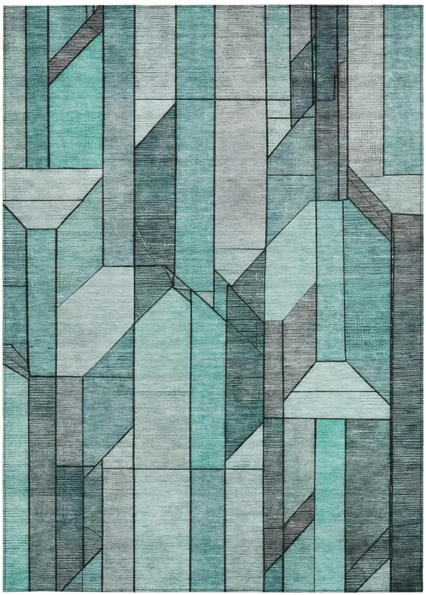 Aqua And Teal Blue Geometric Washable Indoor Outdoor Area Rug Photo 2