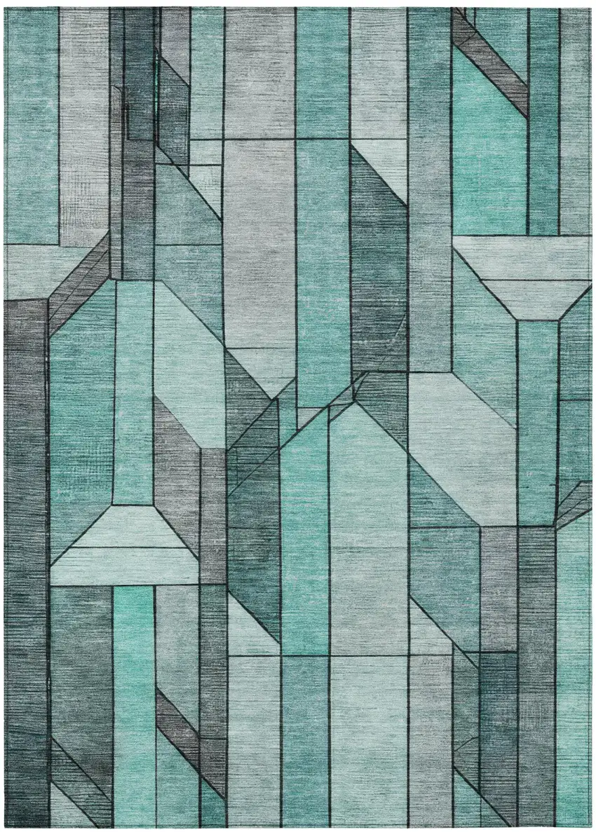 Aqua And Teal Blue Geometric Washable Indoor Outdoor Area Rug Photo 3