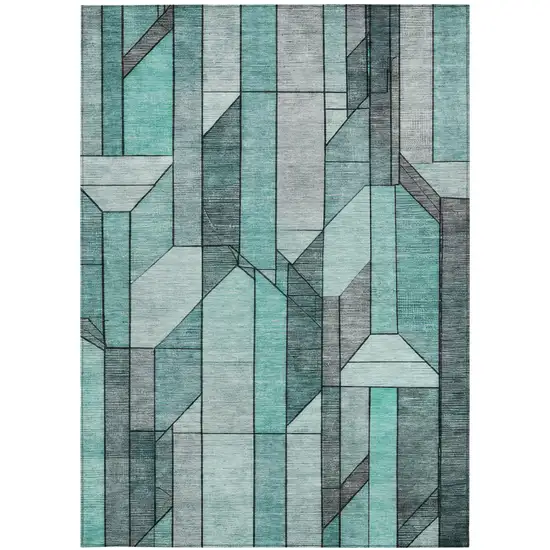 Aqua And Teal Blue Geometric Washable Indoor Outdoor Area Rug Photo 2