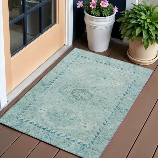 Aqua And Teal Blue Medallion Washable Indoor Outdoor Area Rug Photo 1