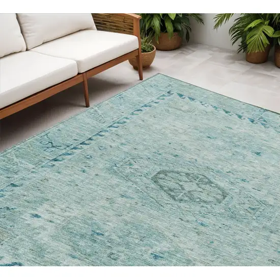 Aqua And Teal Blue Medallion Washable Indoor Outdoor Area Rug Photo 1
