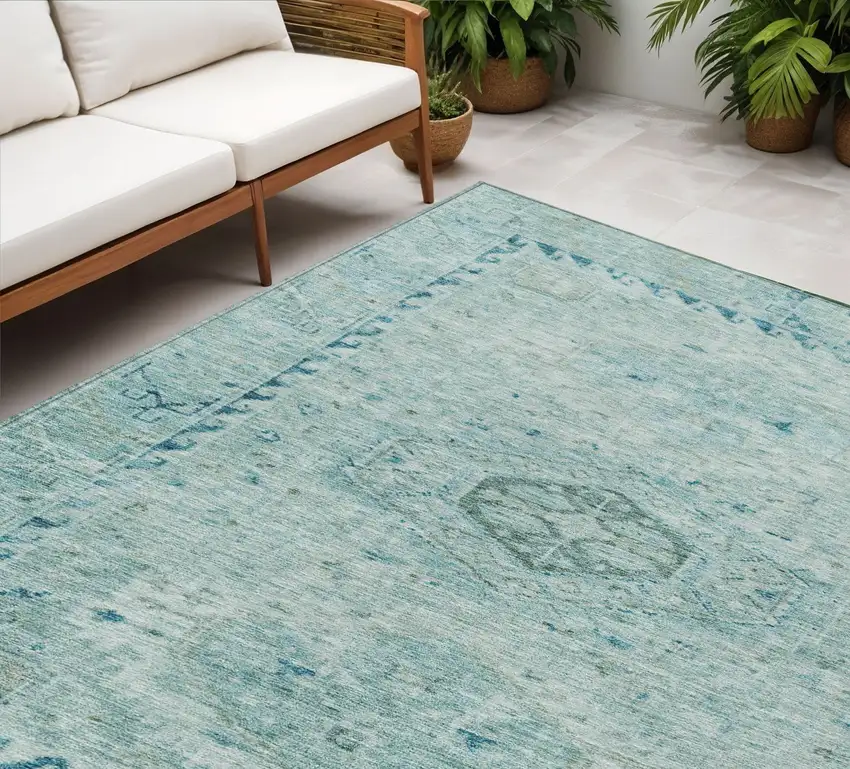 Aqua And Teal Blue Medallion Washable Indoor Outdoor Area Rug Photo 1