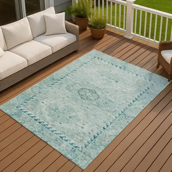 Aqua And Teal Blue Medallion Washable Indoor Outdoor Area Rug Photo 4