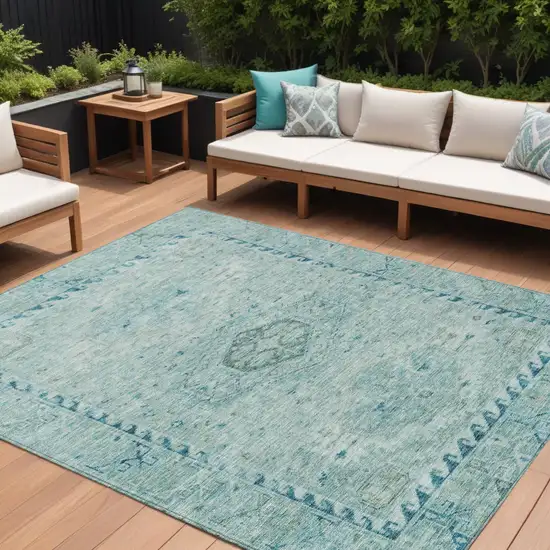 Aqua And Teal Blue Medallion Washable Indoor Outdoor Area Rug Photo 1
