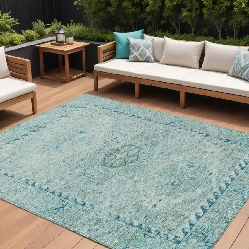 Aqua And Teal Blue Medallion Washable Indoor Outdoor Area Rug Photo 1