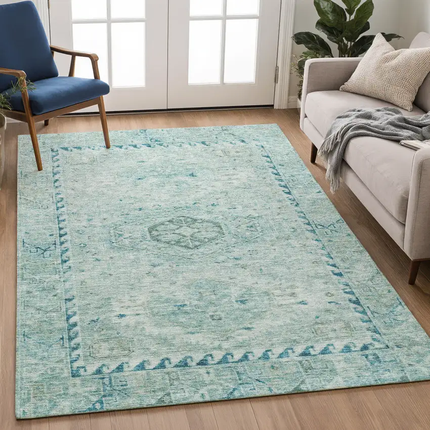 Aqua And Teal Blue Medallion Washable Indoor Outdoor Area Rug Photo 5