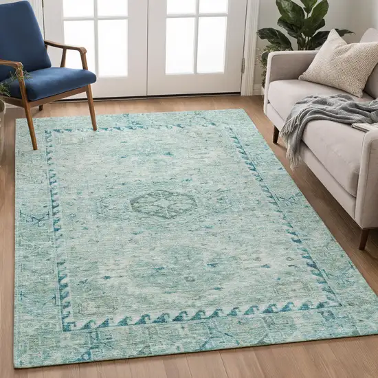 Aqua And Teal Blue Medallion Washable Indoor Outdoor Area Rug Photo 5