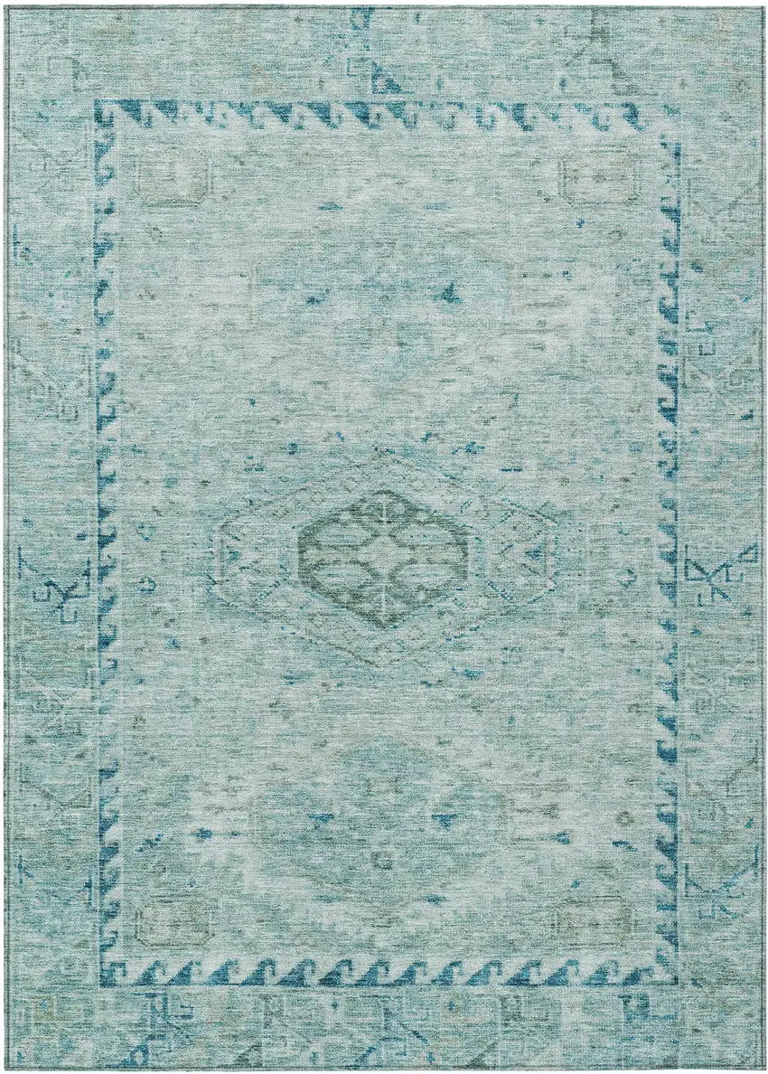 Aqua And Teal Blue Medallion Washable Indoor Outdoor Area Rug Photo 1