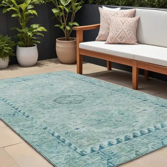 Aqua And Teal Blue Medallion Washable Indoor Outdoor Area Rug Photo 1