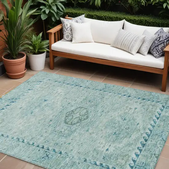 Aqua And Teal Blue Medallion Washable Indoor Outdoor Area Rug Photo 1