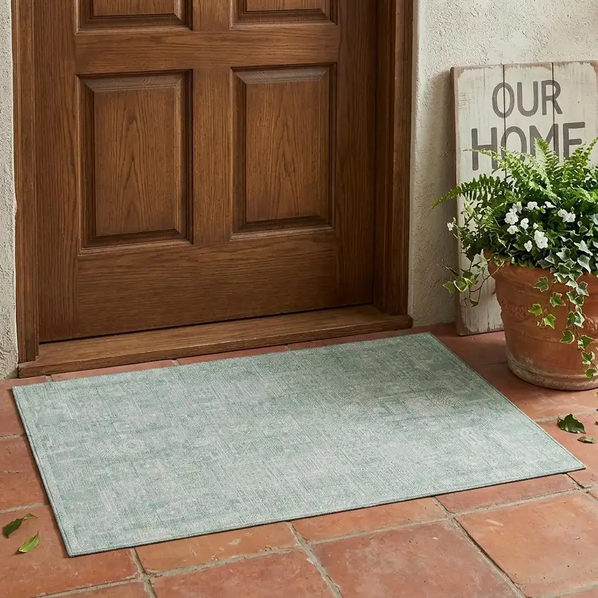 Aqua And Teal Blue Oriental Washable Indoor Outdoor Area Rug Photo 1