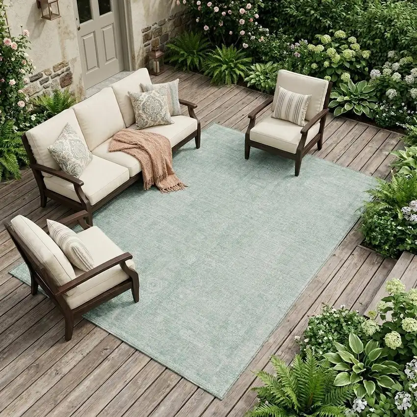 Aqua And Teal Blue Oriental Washable Indoor Outdoor Area Rug Photo 1