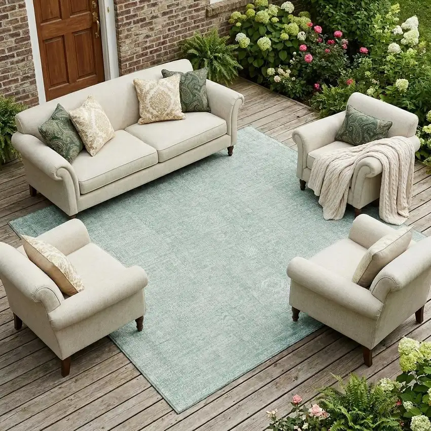 Aqua And Teal Blue Oriental Washable Indoor Outdoor Area Rug Photo 1