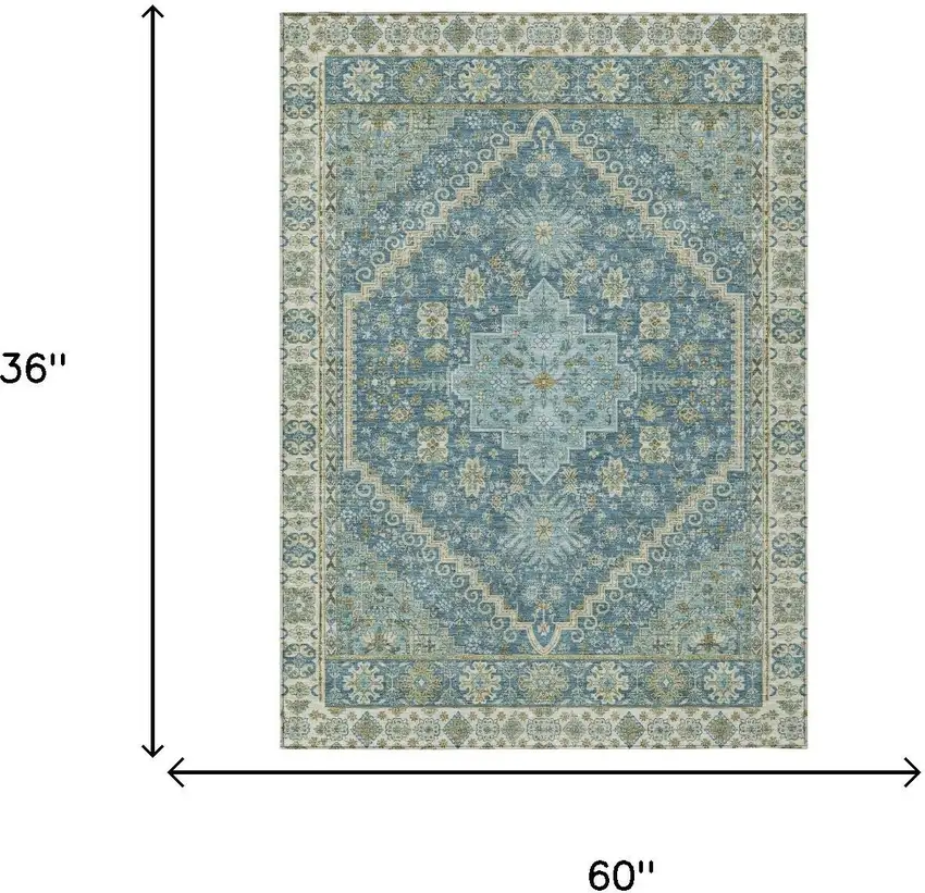 Aqua And Teal Blue Oriental Washable Indoor Outdoor Area Rug Photo 5