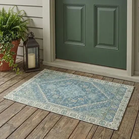 Aqua And Teal Blue Oriental Washable Indoor Outdoor Area Rug Photo 1