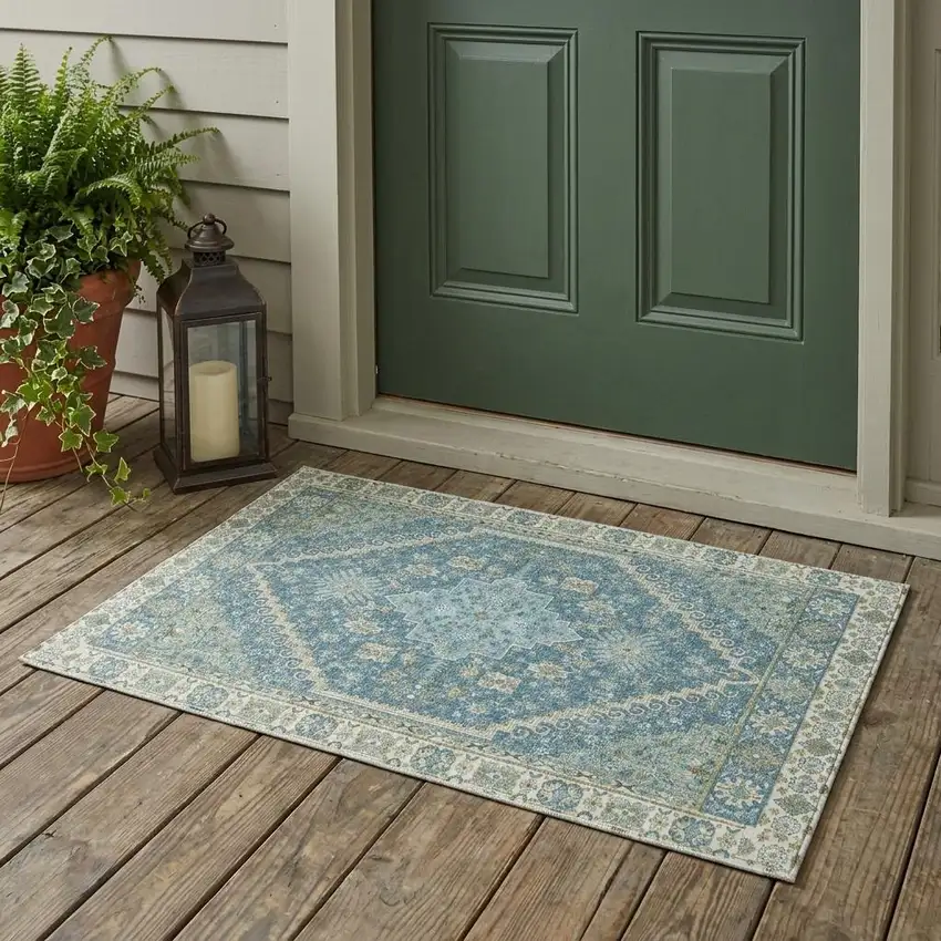Aqua And Teal Blue Oriental Washable Indoor Outdoor Area Rug Photo 1