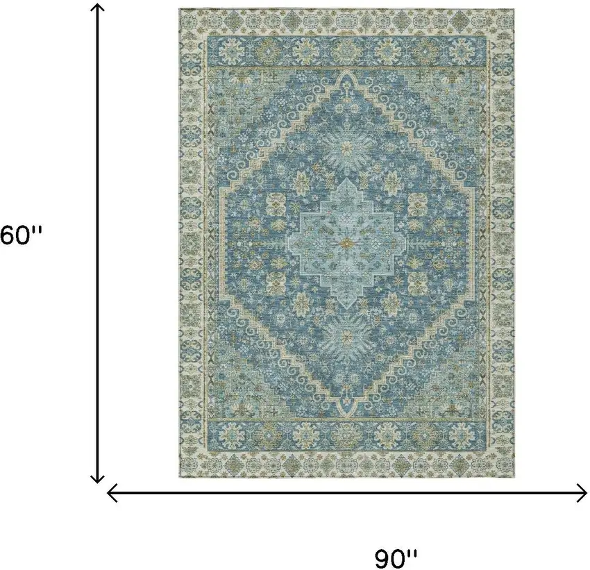Aqua And Teal Blue Oriental Washable Indoor Outdoor Area Rug Photo 5