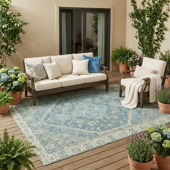 Aqua And Teal Blue Oriental Washable Indoor Outdoor Area Rug Photo 1