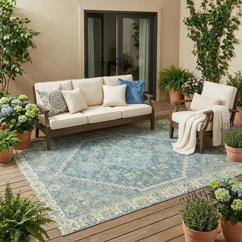 Aqua And Teal Blue Oriental Washable Indoor Outdoor Area Rug Photo 1