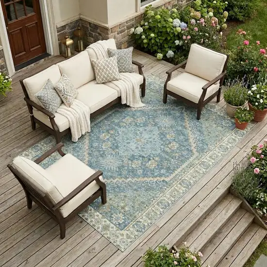 Aqua And Teal Blue Oriental Washable Indoor Outdoor Area Rug Photo 1