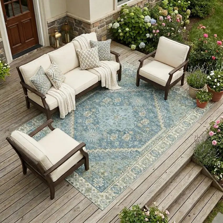 Aqua And Teal Blue Oriental Washable Indoor Outdoor Area Rug Photo 1