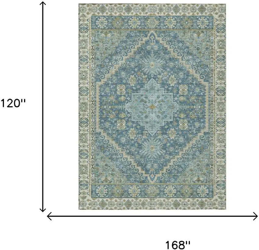 Aqua And Teal Blue Oriental Washable Indoor Outdoor Area Rug Photo 5
