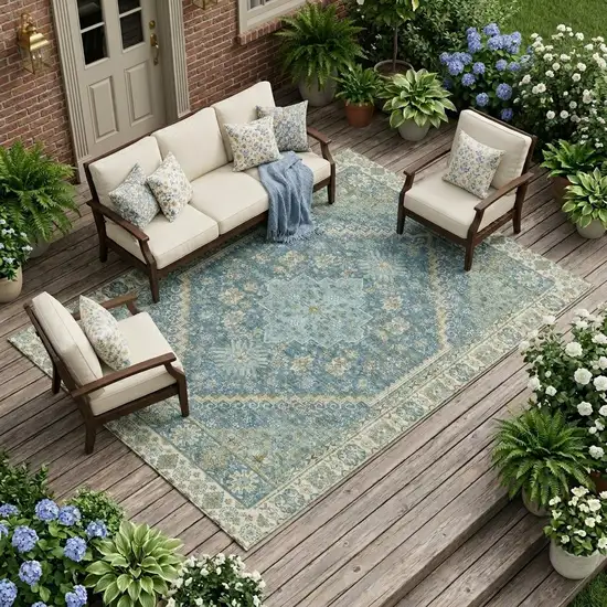 Aqua And Teal Blue Oriental Washable Indoor Outdoor Area Rug Photo 1