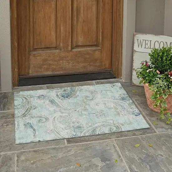 Aqua And Teal Blue Paisley Washable Indoor Outdoor Area Rug Photo 1