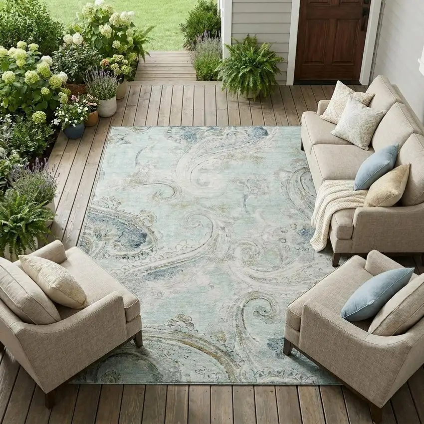 Aqua And Teal Blue Paisley Washable Indoor Outdoor Area Rug Photo 1