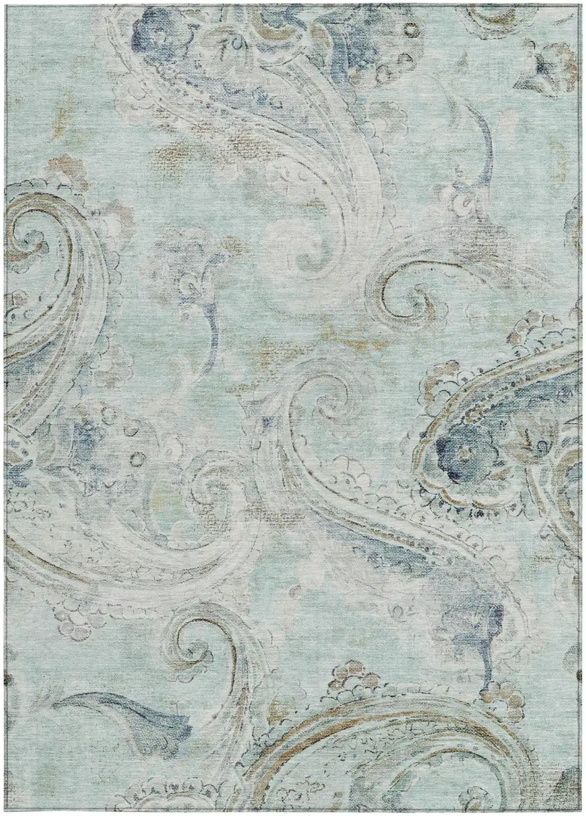 Aqua And Teal Blue Paisley Washable Indoor Outdoor Area Rug Photo 4