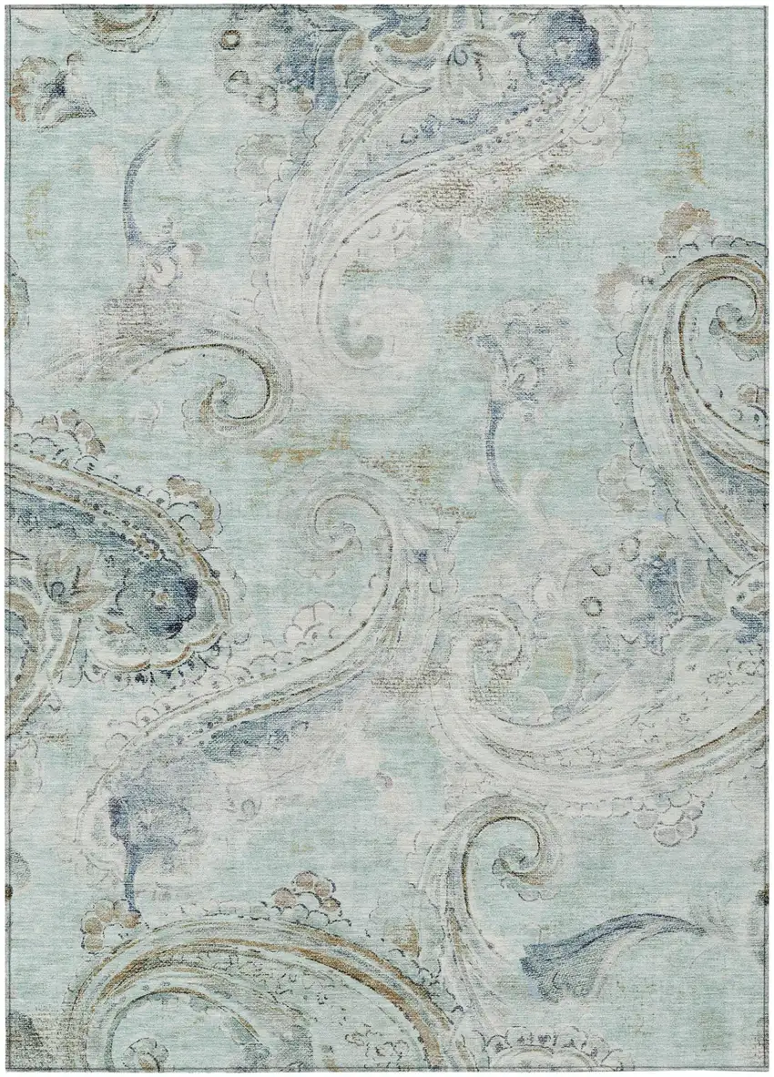 Aqua And Teal Blue Paisley Washable Indoor Outdoor Area Rug Photo 2