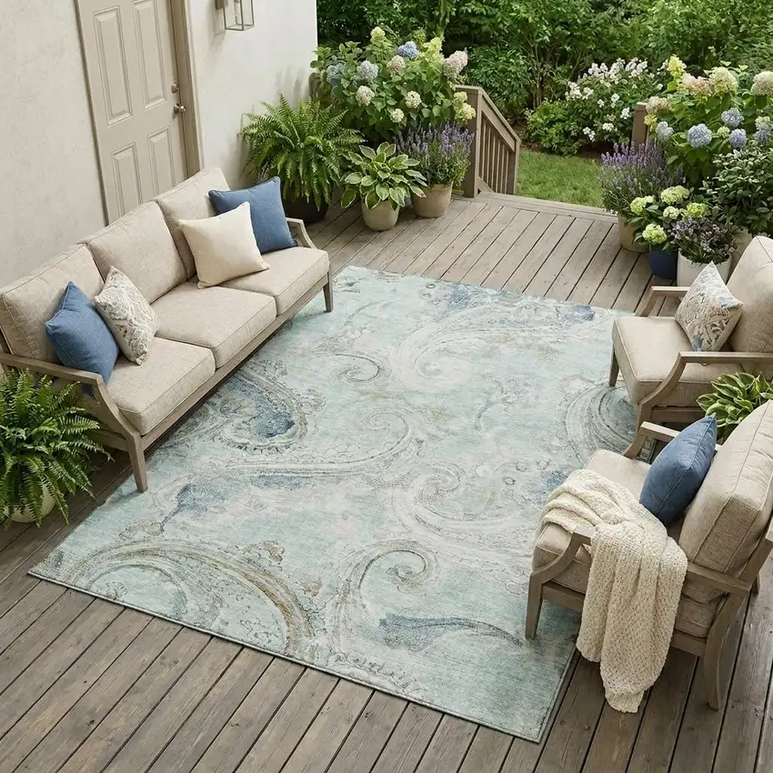 Aqua And Teal Blue Paisley Washable Indoor Outdoor Area Rug Photo 1
